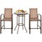 3-Piece Outdoor Patio Bar Set with 2 Stools & Tempered Glass Table, Brown Steel Frame & Breathable Fabric